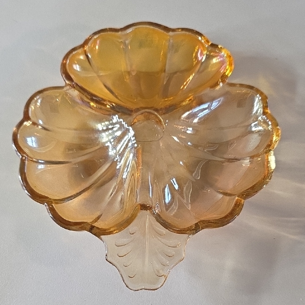 Vintage Jeannette Marigold Carnival Glass Clover-shaped Divided Dish